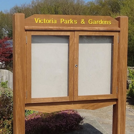 2 Door Wooden Post Mounted Exterior Noticeboard with Engraved Text